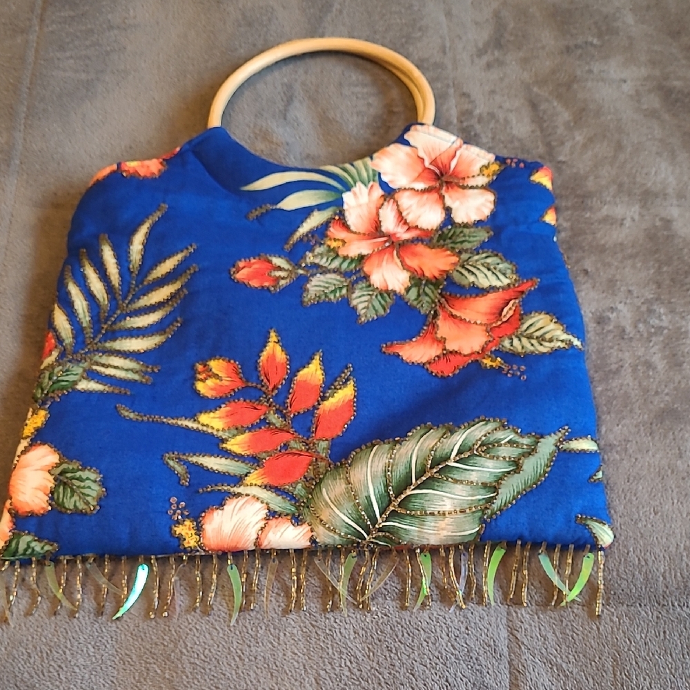 Floral Blue Handbag with Wooden Handle